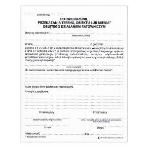 Potwierdzenie przekazania terenu, obiektu lub mienia objętego działaniem ratowniczym - NOWY WZÓR