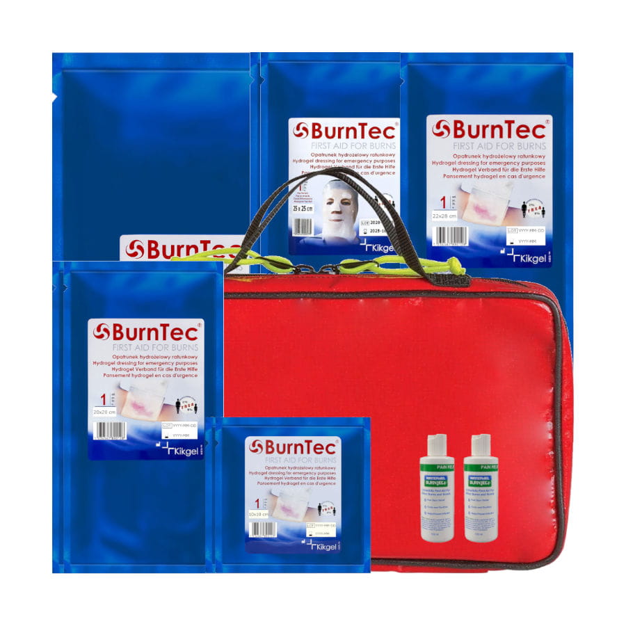 Zestaw opatrunków hydrożelowych BurnTec dla PSP w torbie.