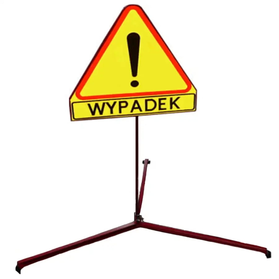 Znak drogowy "WYPADEK" na stojaku.