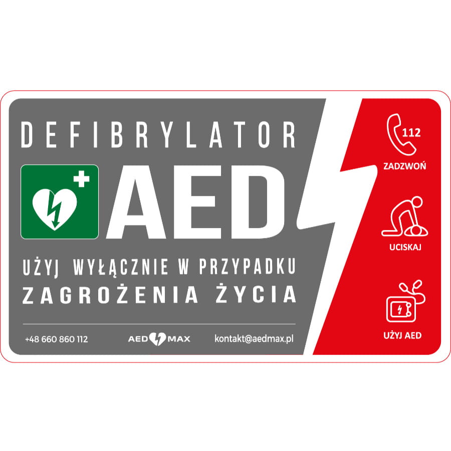 Tablica informacyjna AED zewnętrzna szafka/gablota.