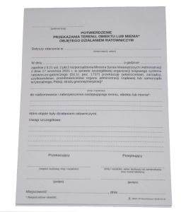 Potwierdzenie przekazania terenu, obiektu lub mienia objętego działaniem ratowniczym